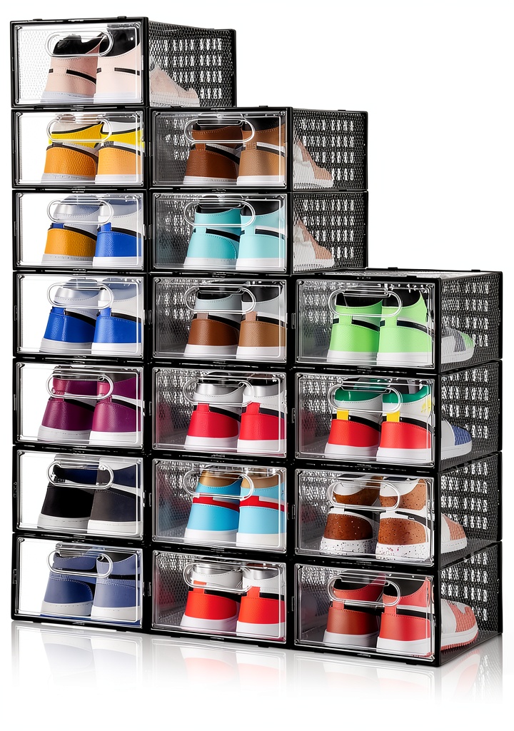 Clemate clear shoe boxes stacked in a closet