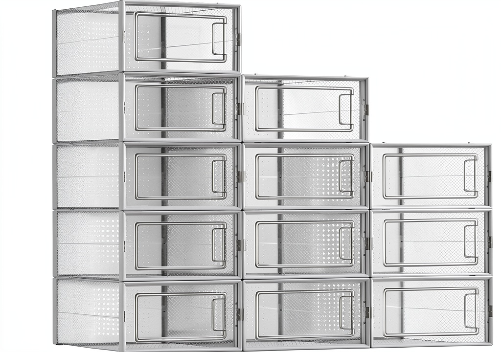 Transparent shoe boxes stacked in a closet