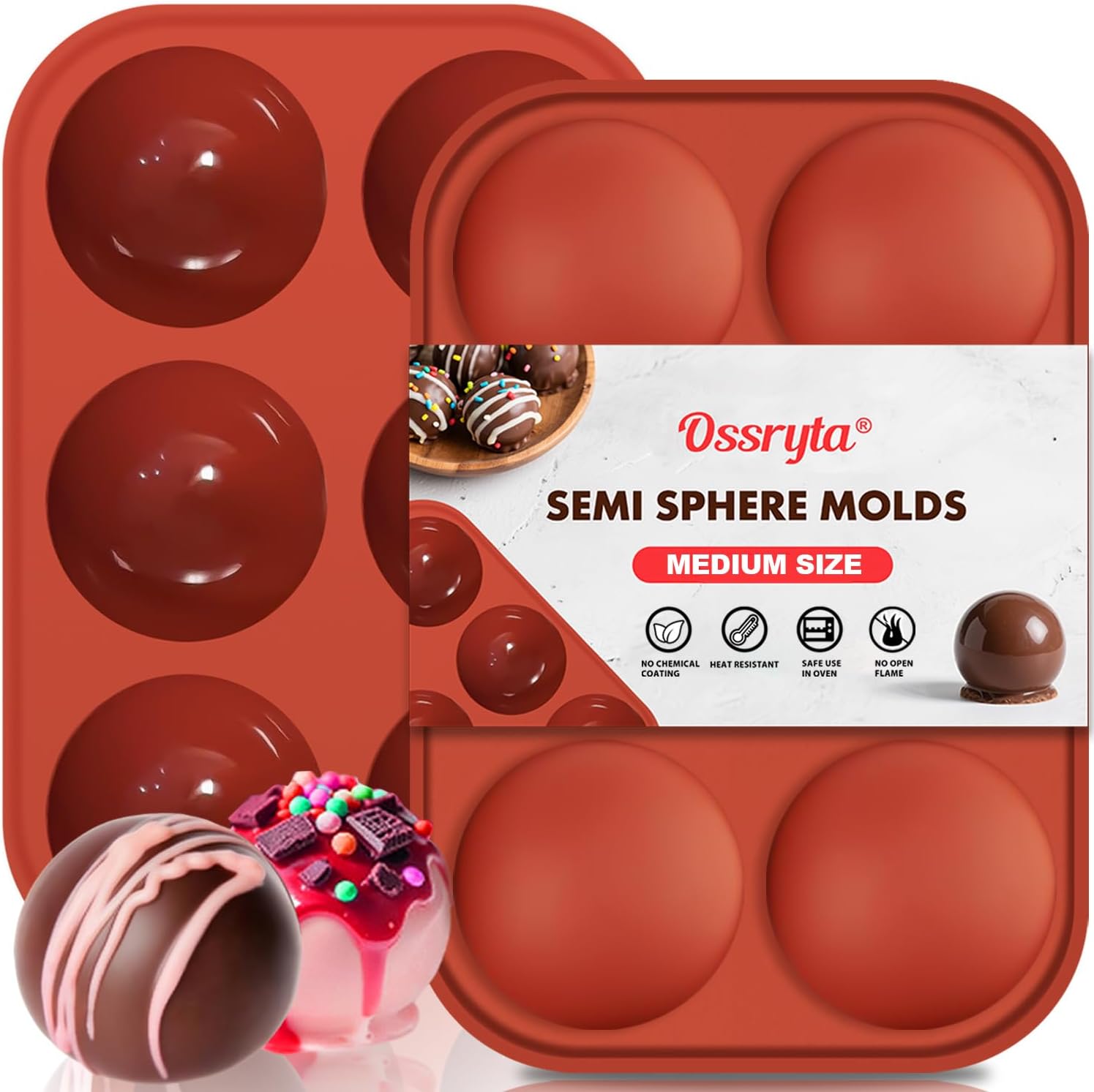 Ossryta silicone chocolate molds in semi-sphere and paw bone shapes on a kitchen counter