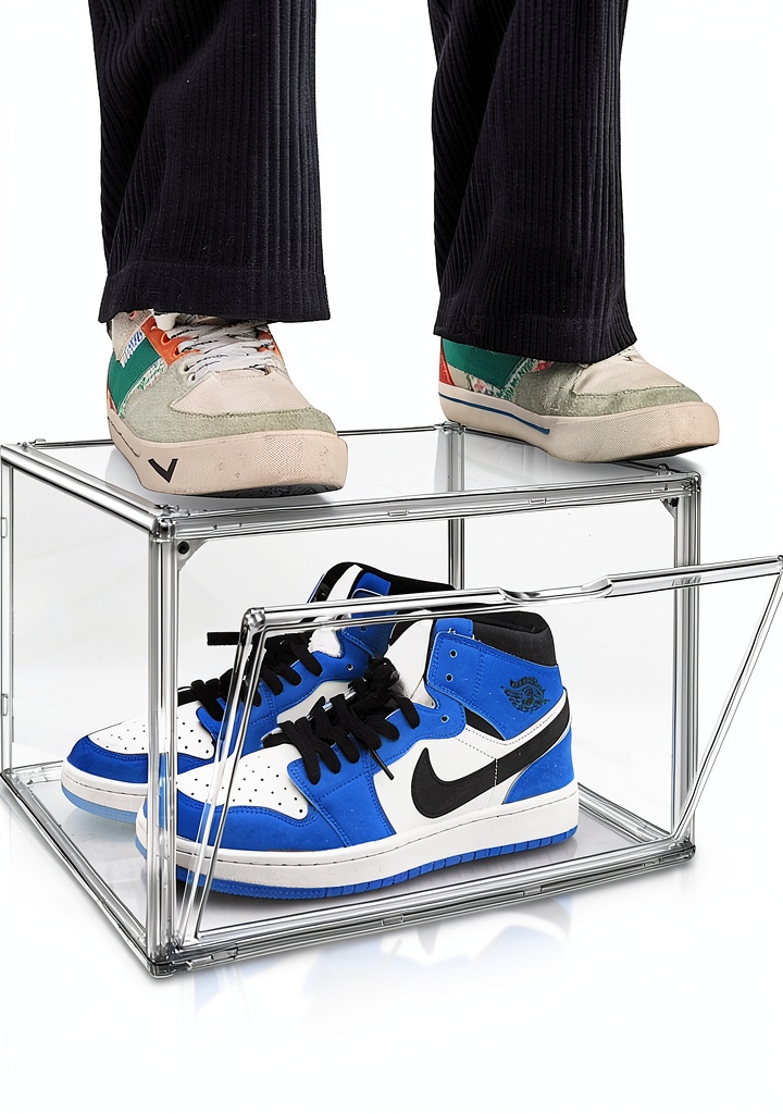 EDS FAM clear shoe boxes stacked in a modern home setting