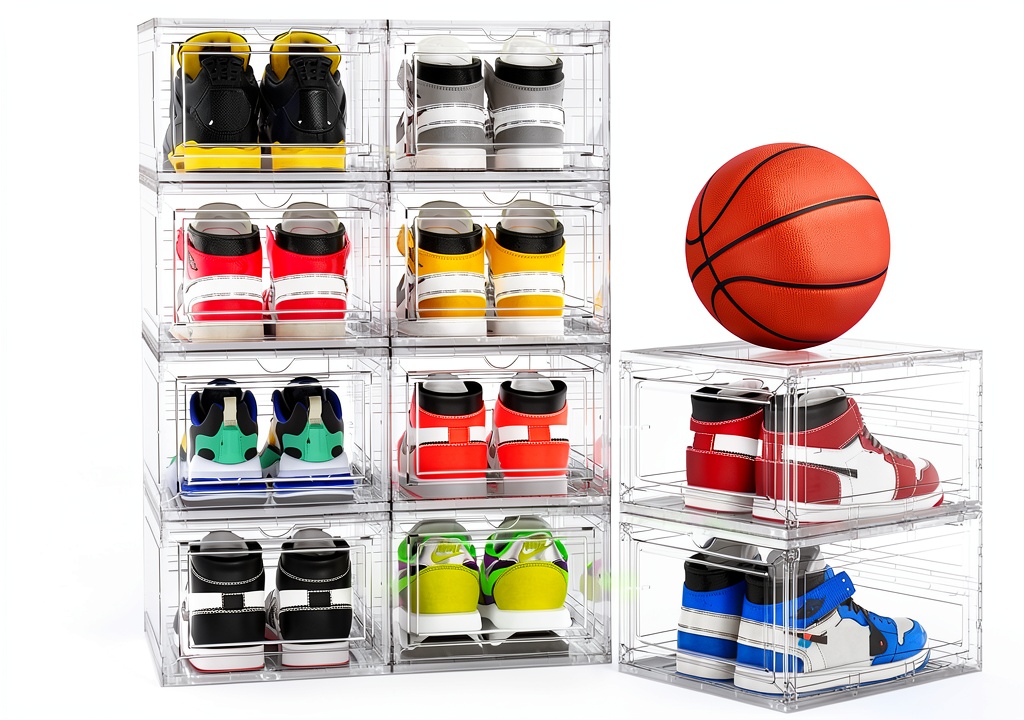 JWQ acrylic shoe box displaying transparent design and magnetic closure
