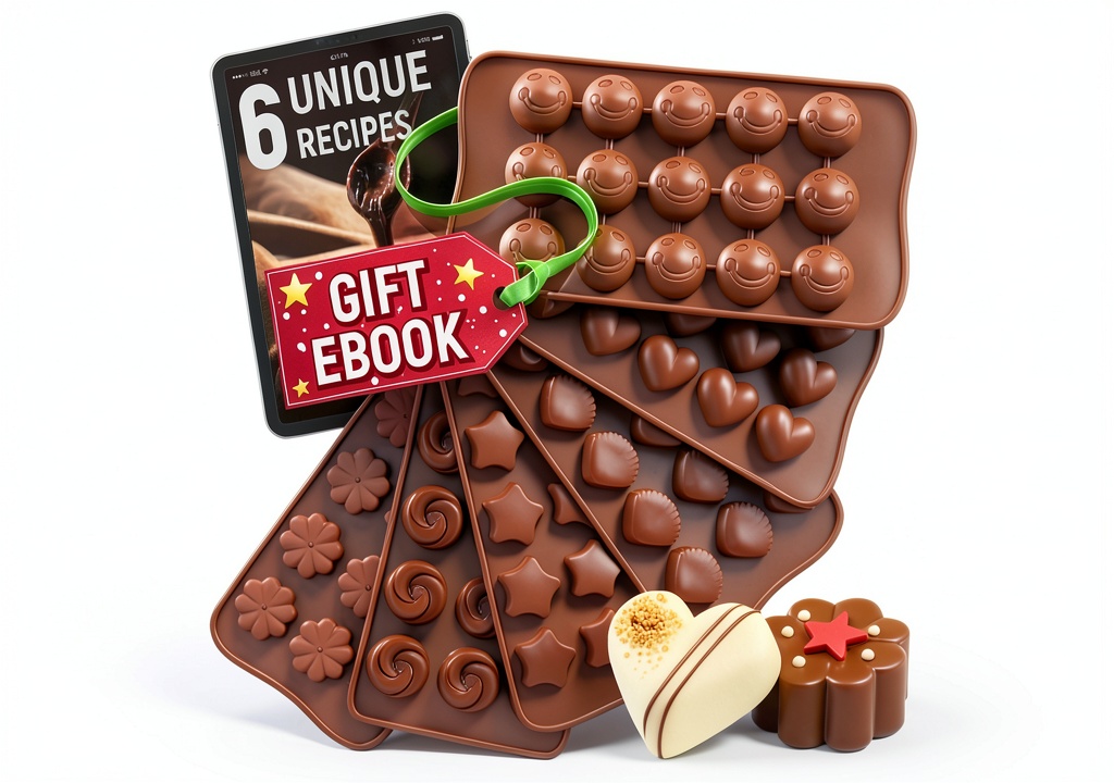 Mighty-X silicone chocolate molds with six designs displayed on a kitchen counter