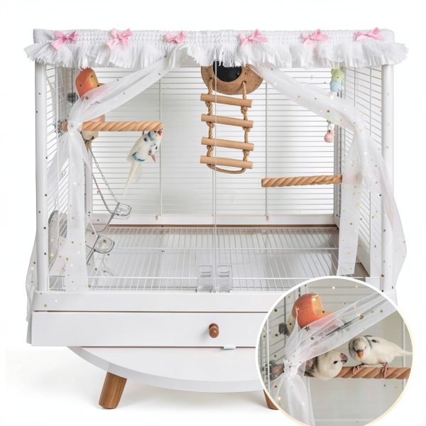 Bird Cage Seed Catcher, Stretchy Mesh Skirt Cover for Round Square Cages, Sheer and Breathable Parrot Nylon Mesh Net Cover, Seed Guard Pet Cage Birds for Parrot Parakeet (Pink,L)-3