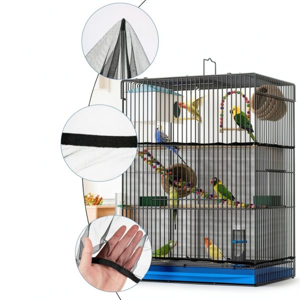 Bird Cage Seed Catcher, Adjustable Bird Cage Cover Soft Nylon Mesh Skirt, Parrot Birdcage Net,Ventilate Dustproof Cover for Parrot Parakeet Macaw African (Black)-2